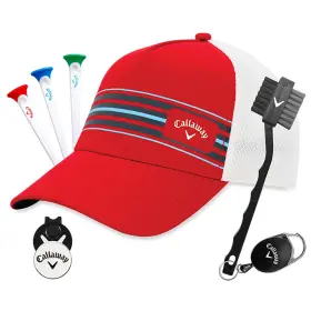 C17112 Callaway Golf Striped Mesh Red Cap And Gift Set With Club Brush Tees