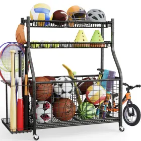 Camecequter 742404210813 Garage Sports Equipment Organizer Ball Storage With Four Baskets And Six Hook