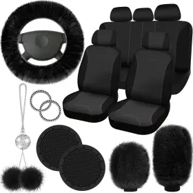 Uan-fulmoon-41 Fulmoon 17 Pcs Car Seat Cover Full Set For Women Fluffy Fuzzy Accessories