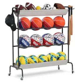 Spbr-24201-blk Holbrett Basketball Rack Rolling Ball Storage Stand With Baseball Bat Holder