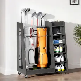 Homiflex 197839063761 Portable Rolling Wooden Golf Bag Storage Rack Holder Fit For Two Bags Organizer