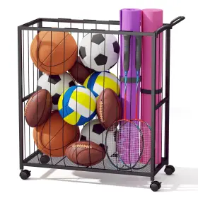 Lwt-jj20-tlwjc-b-us Homsorout Ball Storage Bin Rolling Sports Cart Metal Garage Organizer Sport Rack