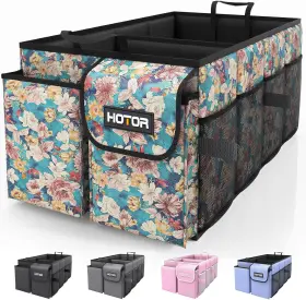 Hotor 744110707601 Foldable Trunk Organizer For Cars - 2 Compartments Blue Flower Design