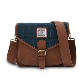 Isl-8320 Islander Women Saddle Bag Harris Tweed And Pu Leather Navy Over Check Standart