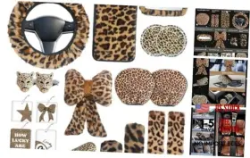 Jingsen 794794529662 19 Pcs Fluffy Car Accessories Set Plush Leopard Print Steering Brown