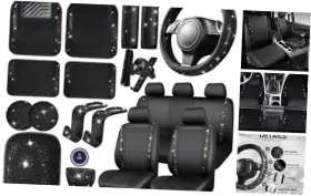 0606zj23-bk1 Lj Fx170 Zt003l5 Bling Car Accessories Set For Women Leather Seat 23 Pcs Black Diamond