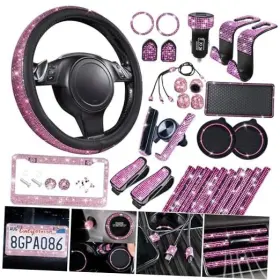 Fx170zj-pk0zs-zj30 Lj 30 Pcs Bling Car Set For Women Steering Wheel Covers 15 Inch Pink