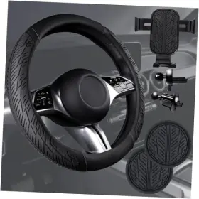 Fx618sf-bk138-zj7 Lj Leather Rubber Steering Wheel Covers Set Tire Tread Standard 14.5 Inch -15 Black