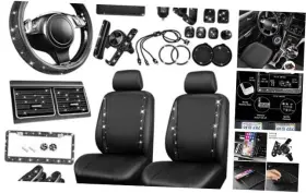 Fx30-bk1zj34 Lj Zj003 34 Pcs Bling Car Accessories Set For Women Leather Seat Covers Steering