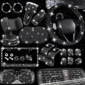 Nbtepem 768484561096 27 Pcs Black Bling Car Accessories Set For Women Steering Wheel Cove