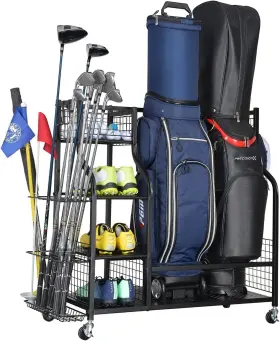 Sn-golfstorage-529a Nobrand Golf Bag Storage Rack Stand Holder Fits 2 Bags And Equipment Metal Black
