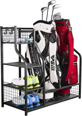 Sn-golfstorage-529e Nobrand Golf Bag Storage Rack Stand Holder Fits 2 Bags And Accessories Metal Black