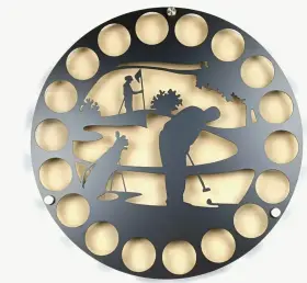 18czs Novum Creations Golf Ball Display Round Silhouette Metal And Wood Wall Golfer Putt - 18 Balls