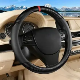Poleuvetlt 762668658954 Black Carbon Fiber Leather Steering Wheel Cover Splicing -