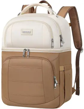 Sinvicko 741421619821 Dual Compartment Backpack Cooler 12 X 6.6 17.3 Inch Apricot And Khaki Poly