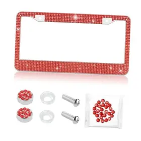 Pai-1503 Ssnnuu Bling Diamond License Plate Frame Universal Stainless Steel Red