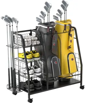 Gf-a-001 Staransun Golf Bag Organizer For Garage - 3 Storage Rack With Lockable Wheels
