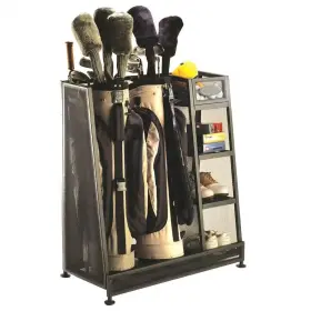 Suncast 445038074020 Golf Organizer Gear Storage Two Bags Capacity Leveling Feet 3 Shelves Rack