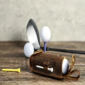 Hts-golf-cf5014 Yubro-studio Vintage Leather Golf Ball Bag With Tee Slots And Belt Loop