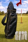 Vtg Golf Bag Spalding Black Faux Leather Gold Trim Carry W/ Rain Hood Pre-owned. Price: $199.95.